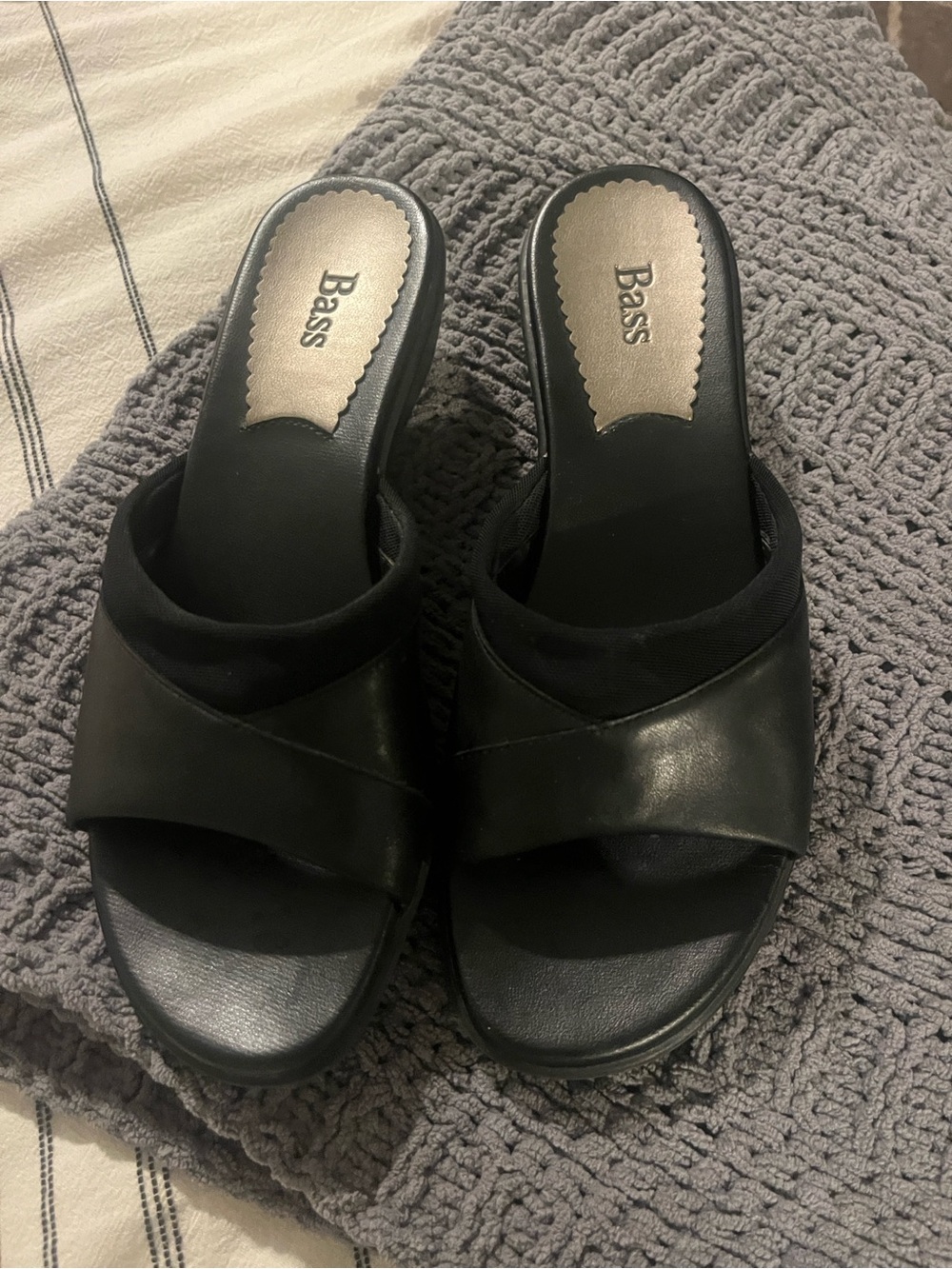 Bass Black Leather Crisscross Slide Mules